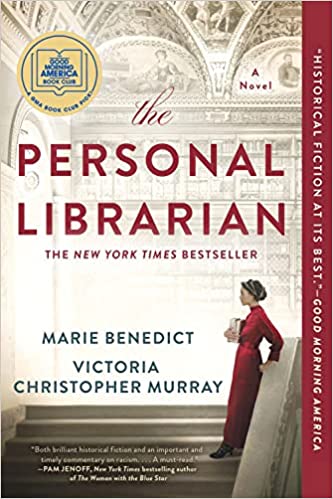 Book Cover. Woman an ankle-length red dress stands at the top of a staircase in an ornate library.