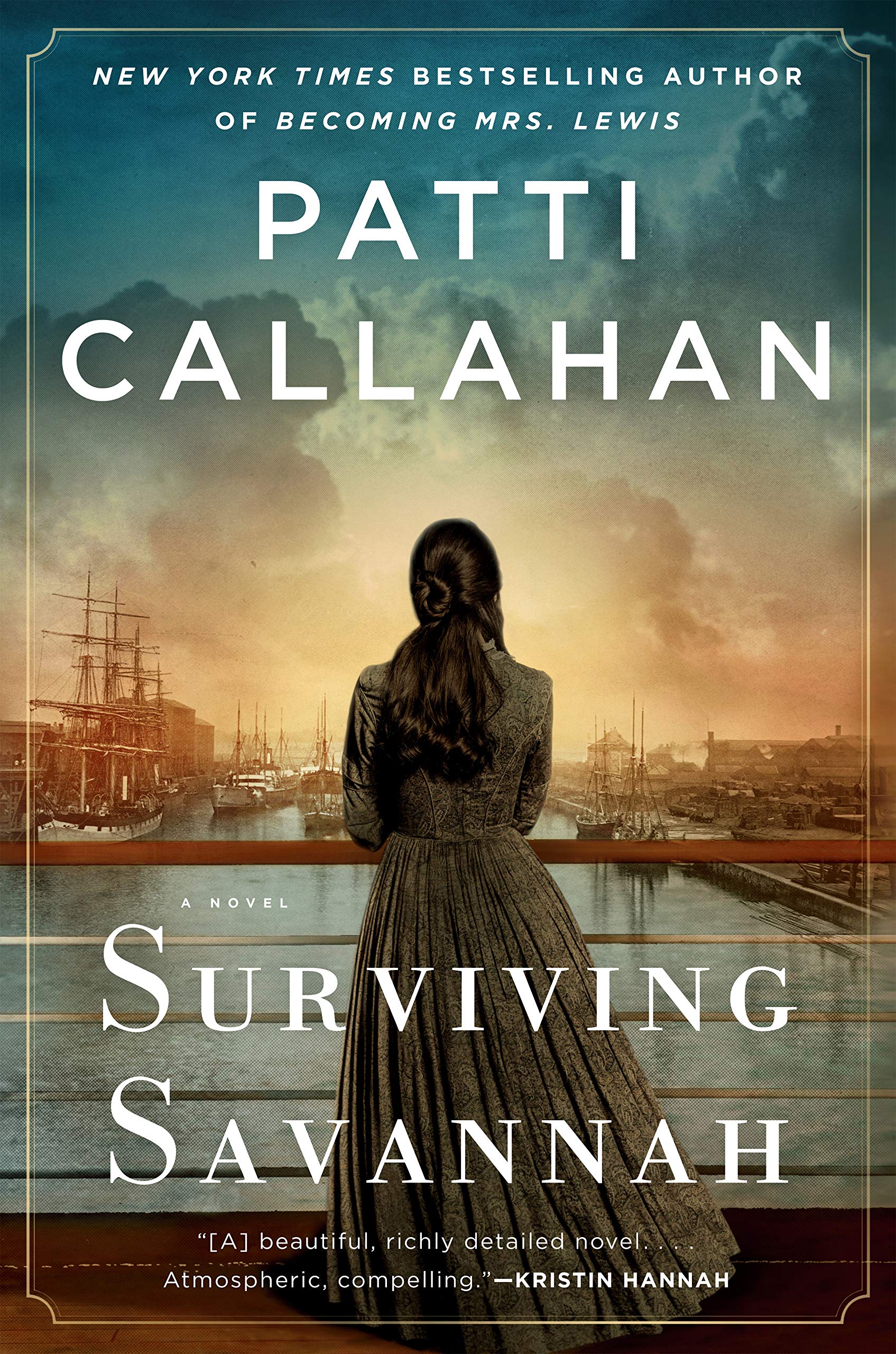 Book cover. Maritime scene in deep blue, oranges, and browns. A woman in a long dress stands at the edge of the water. Docks with large steam boats are visible in the near distance, perhaps at sunset.