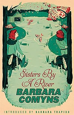 Book Cover: Illustrated women on a river bank with moths flying above. Completed in a 50s vintage motif, mainly in green and red.
