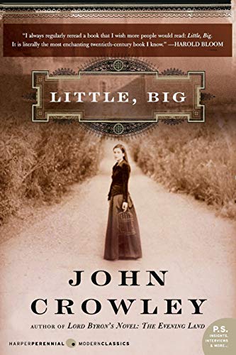 Book Cover: "Little, Big" by John Crowley. Features a sepia toned photo of a woman in a plain victorian dress standing on a desolate gravel road with tall dry grass on both sides.