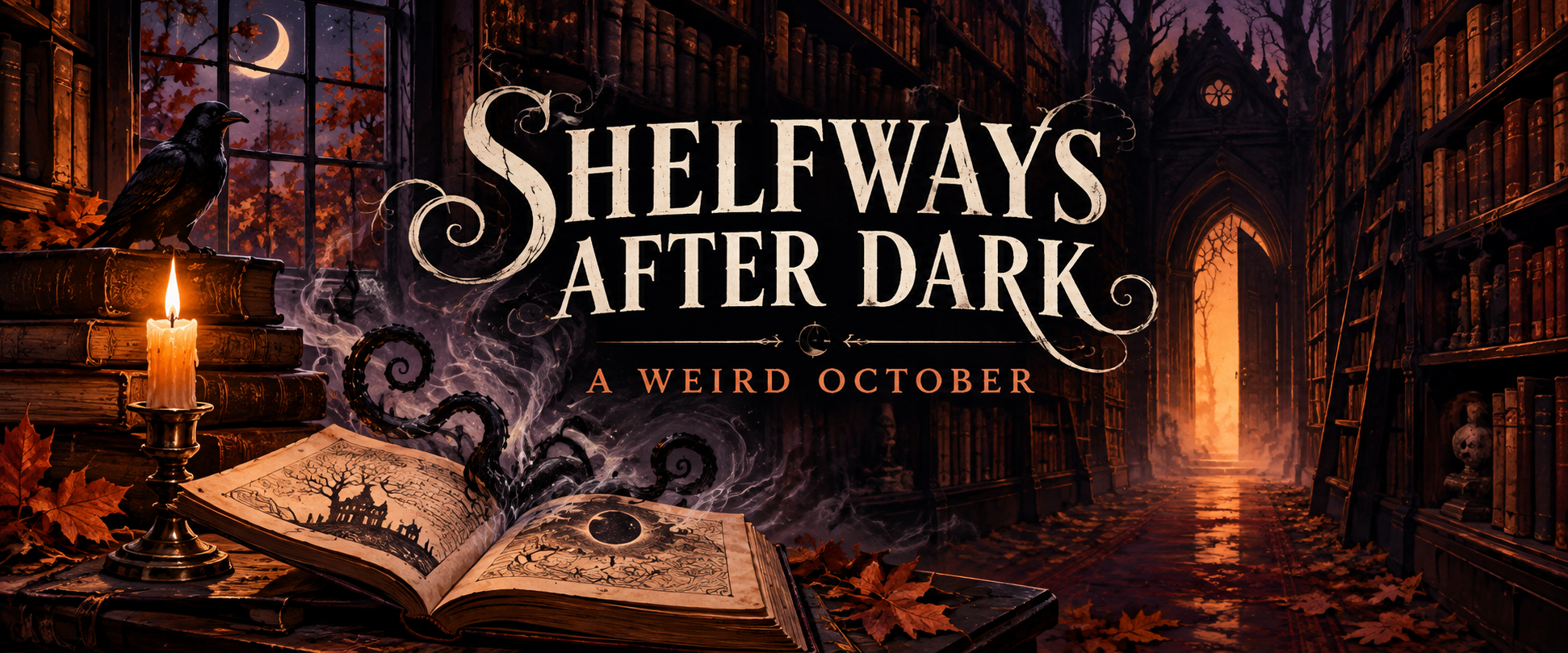 Creepy banner announcing the shalfways after dark reading list. Candles light a dark spooky library with smoking books on a desk.