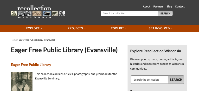 Screenshot of the Recollection Wisconsin website featuring Eager Free Public Library's historical digital collections.