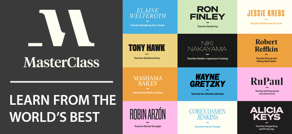 MasterClass Logos. Learn from the Best. Colorful squares featuring the names of celebrity teachers on the platform: Elaine Welteroth, Ron Finley, Jessie Krebs, Tony Hawk, Niki Nakayama, Robert Reffkin, Mashama Bailey, Wayne Gretsky, RuPaul, Robin Arzón, Corey Damen Jenkins, and Alicia Keys.