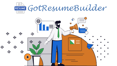 Illustration of a man in a suit with a bullhorn working on computer documents. Got Resume Builder logo.