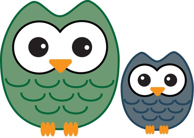 Owls together Big green owl, little blue owl illustration