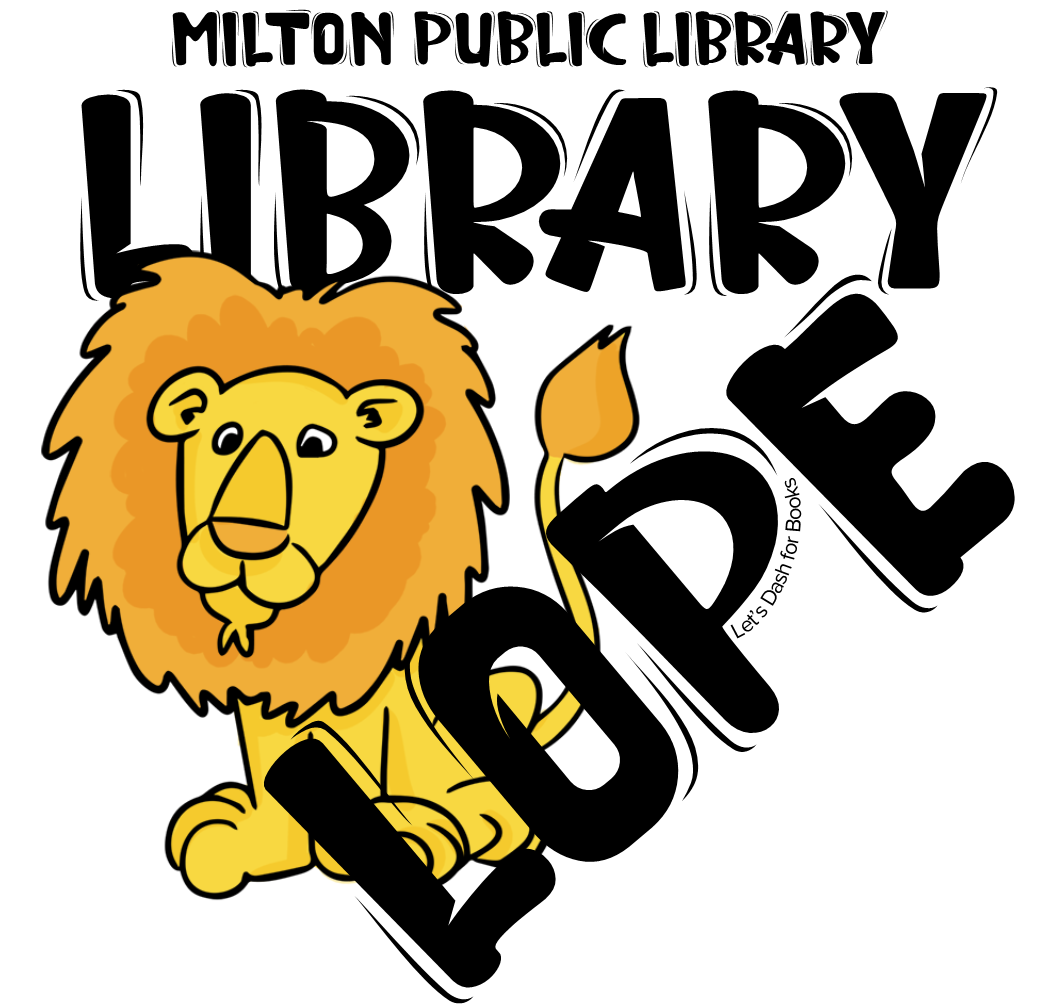 Library Lope image with illustrated lion friend - Let's Dash for Books