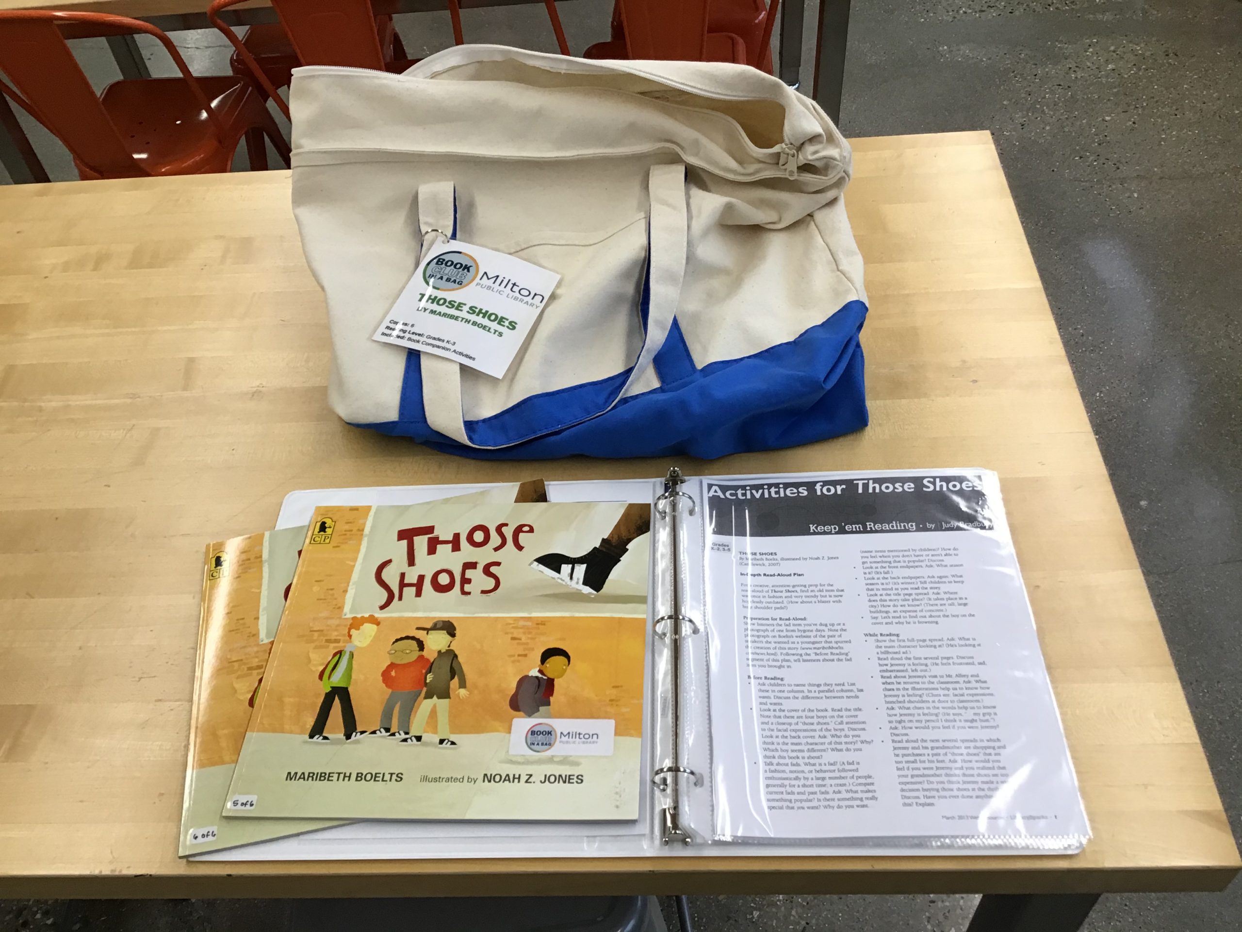 Canvas bag with two copies of Those Shoes displayed on the book club notes binder.