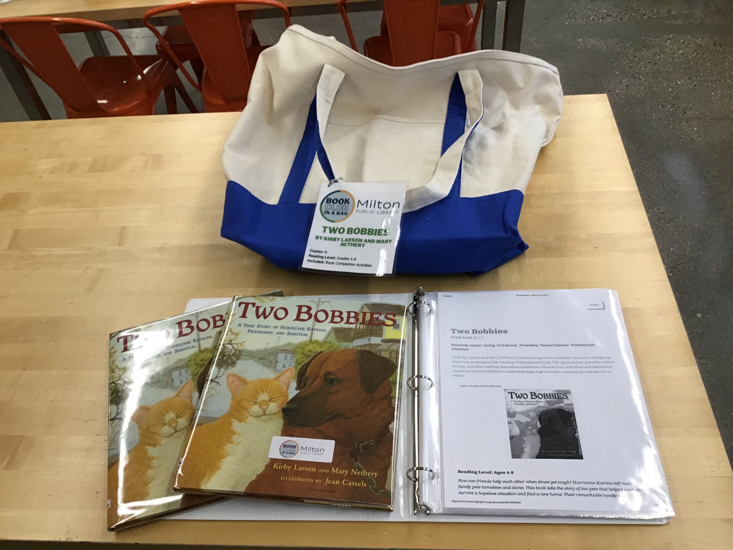 Canvas tote bag with two copies of Two Bobbies displayed over the book club companion binder.