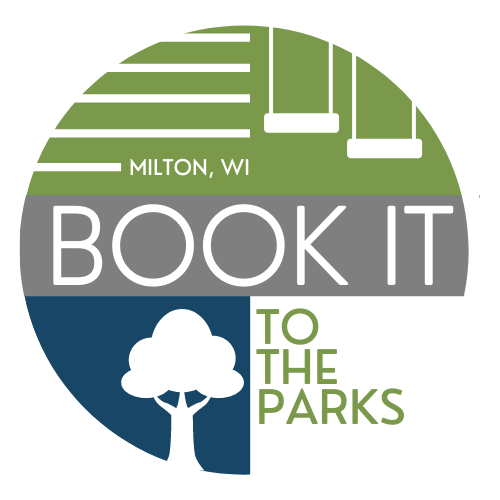 A circle logo with a green segment on tip with swings, and grey horizontal stripe in the middle and a blue lower left with an outline of a tree. The test reads Milton, WI Book It To The Parks