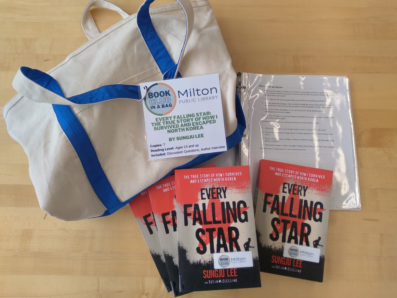 Canvas bag with three copies of the book displayed on the book club guide.