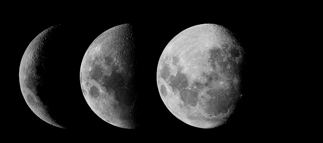Three different photos of the moon during three different phases, crescent, half, and full