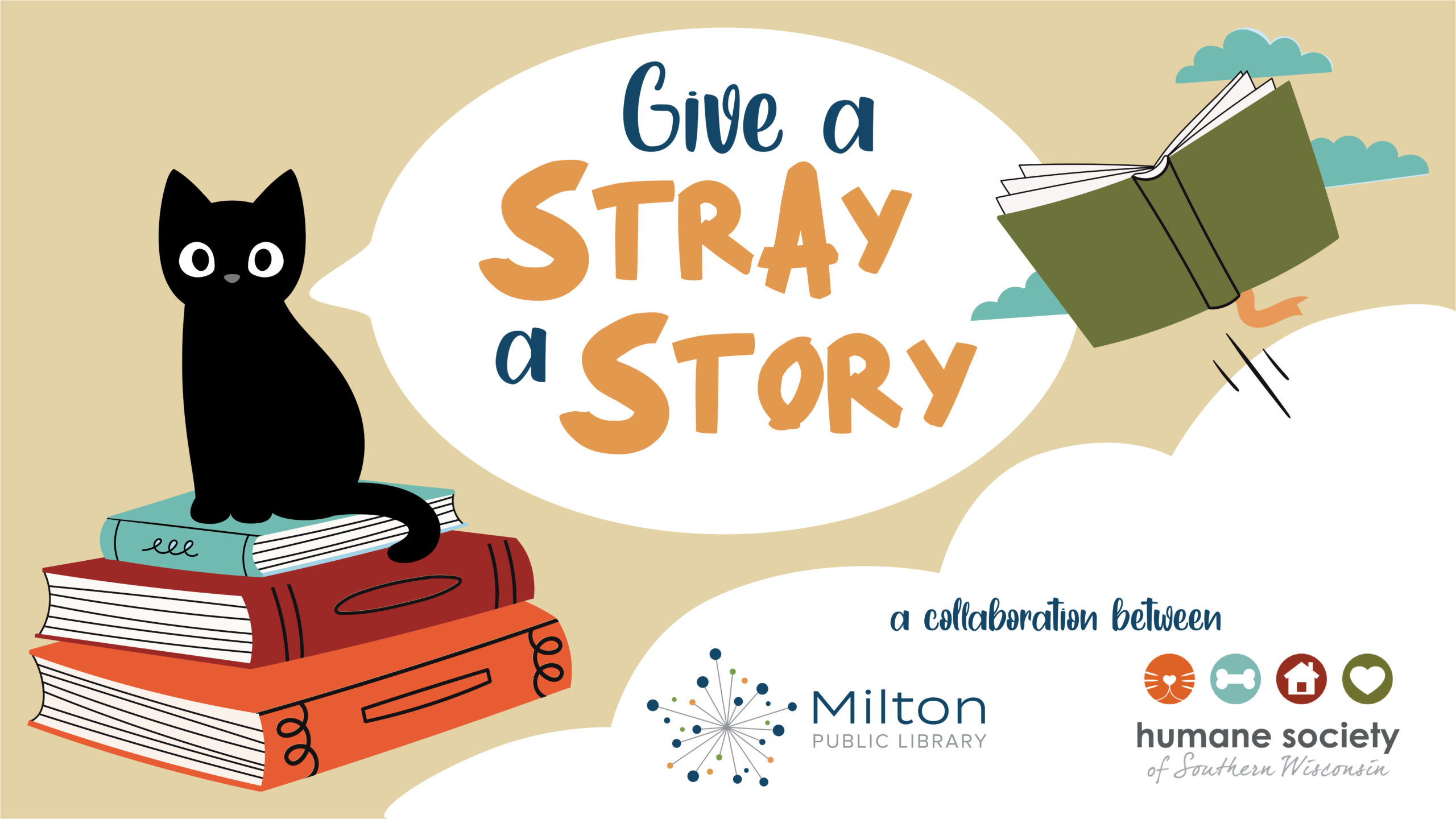 A black cat sits on top of a stack of colorful books, a green book is open flying through the air. Text reads Give a Stray a Story.