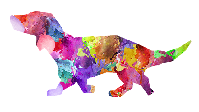 Image of the shape of a dog filled in with various colors of spilled paint.