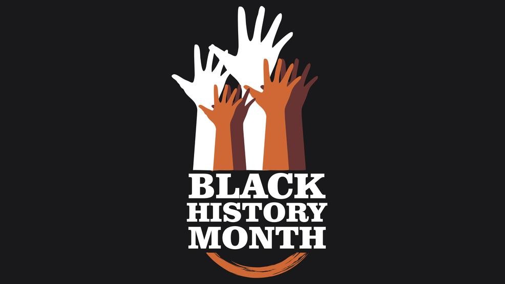 Black History Month with white and brown hands reaching upward