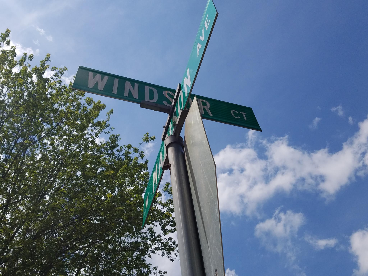 A look up at a signpost at the crossroads of Windsor Ct and Malicon Ave