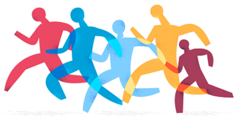 Five colorful outlines of people running together.