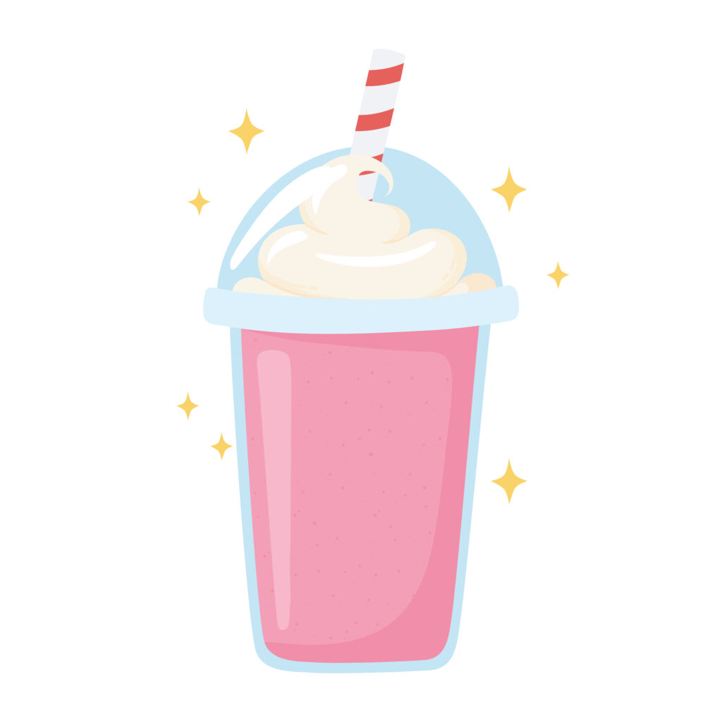 A cartoon milkshake with whipped cream and a straw.