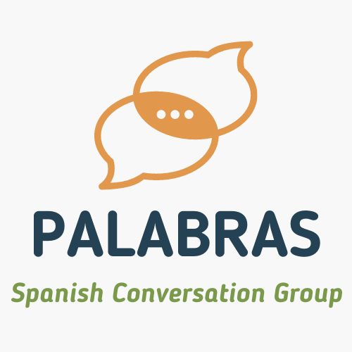 Two speech bubble overlapping over the words: Palabras, Spanish Conversation Group