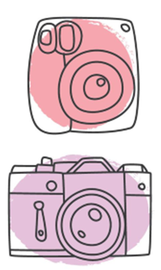 Two drawings of different types of cameras with pink and purple color dots behind each.