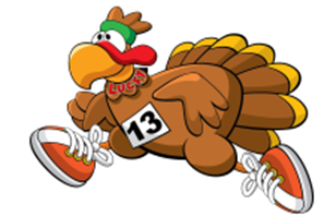 Cartoon turkey running with tennis shoes and a race bib.