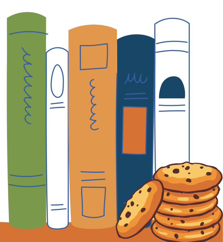 Image of books on a shelf with a stack of cookies in front of them.