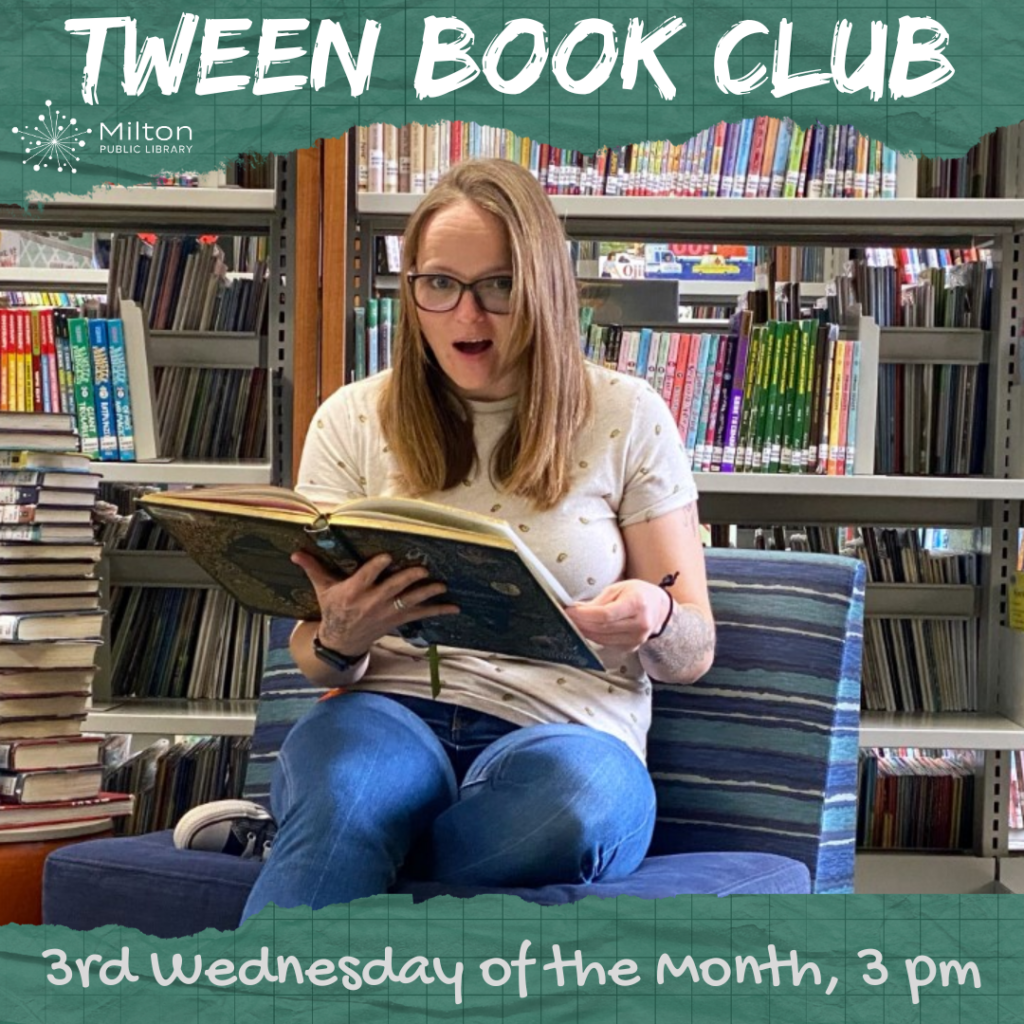 Tween librarian Marijka making a shocked face while reading a book with the words Tween Book Club