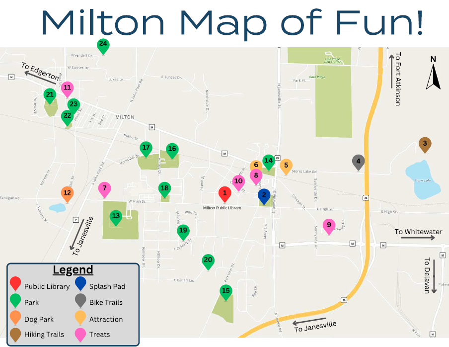 Milton Map of Fun Front Map of Milton WI with points of interest for families to explore.