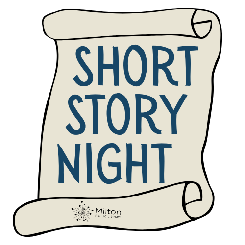 cartoon paper scroll with the words Short Story Night written on top.