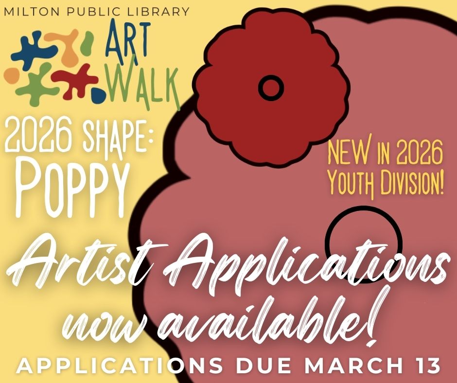 Promo poster for 2026 Art Walk calling for Artists to Apply. 2026 Shape is a poppy! Applications due March 13.