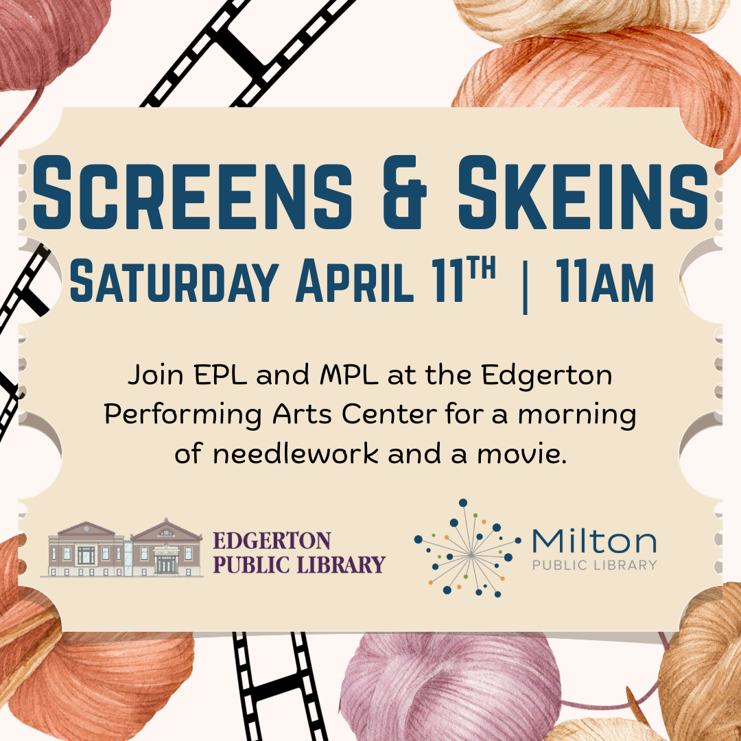 Copy of Screens & Skeins Promotional image for the Screens & Skeins event with a colorful background of illustrated skeins of yarn and movie reel film