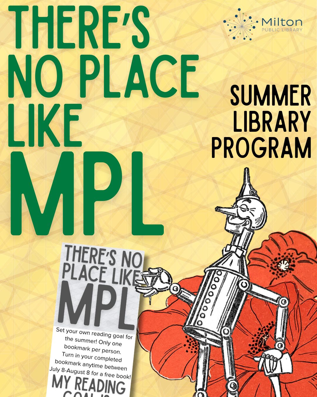 Event flyer for "The Spark @ MPL: Spring Flora in Wisconsin" with date and time details, featuring a photo of a smiling woman in a wooded area and a trail sign.
