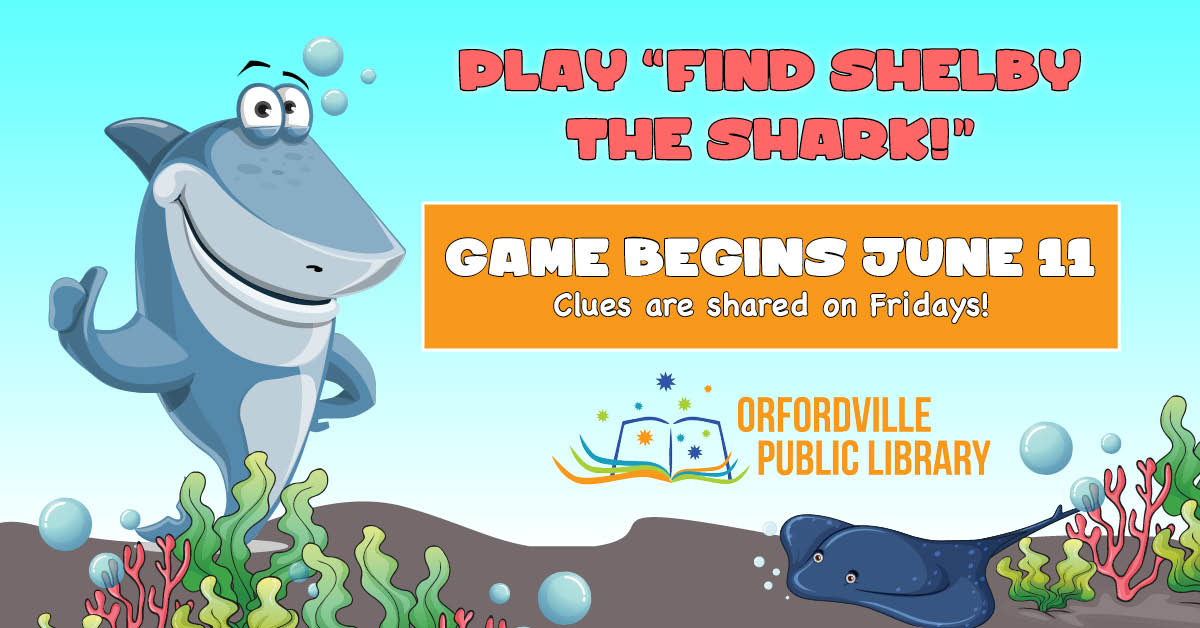 shelby featured website images game coming Illustrated underwater scene featuring a shark, colorful seaweed, and a stingray. Words read: Play "Find Shelby the Shark". Game begins July 11, 2021. Clues are shared each Friday.