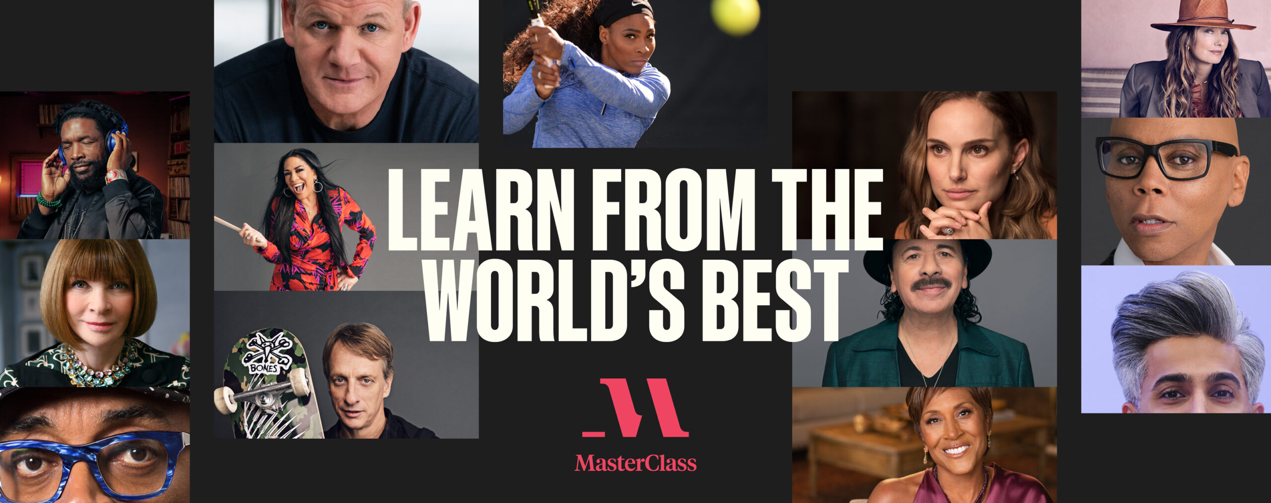 MasterClass Logo, the words "Learn from the world's best", and photos of many of MasterClass' celebrity instructors form a collage.