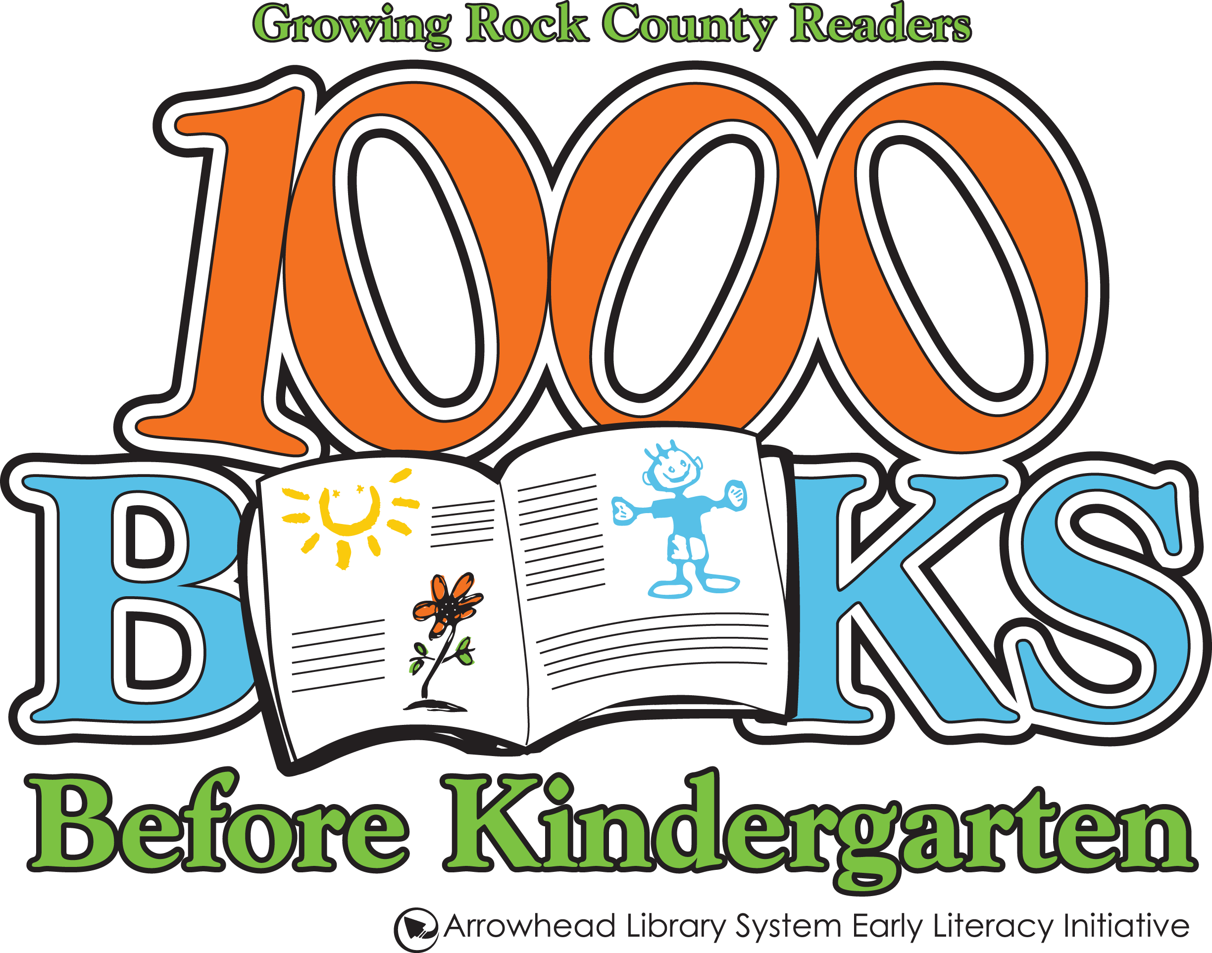 1000 Books Logo Color - font replaced outlined 1000 Books Before Kindergarten Arrowhead Library System Logo