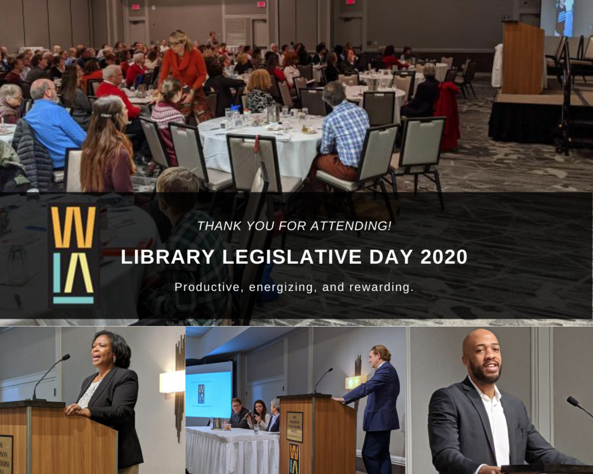 2020 LLD Attendees seated at tables during 2020 Library Legislative Day. Keynote speakers featured at podiums.