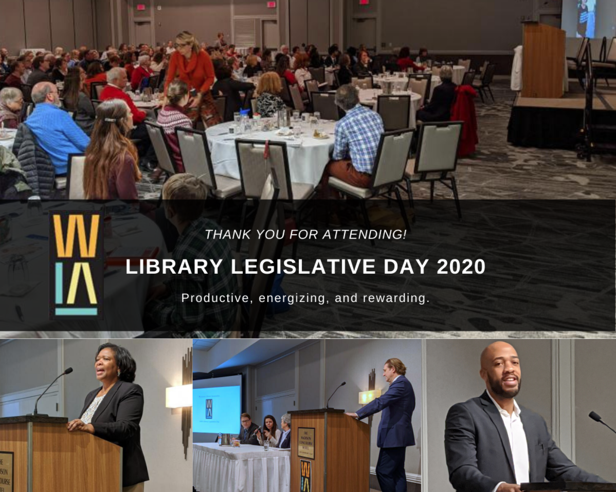 Attendees seated at tables during 2020 Library Legislative Day. Keynote speakers featured at podiums.