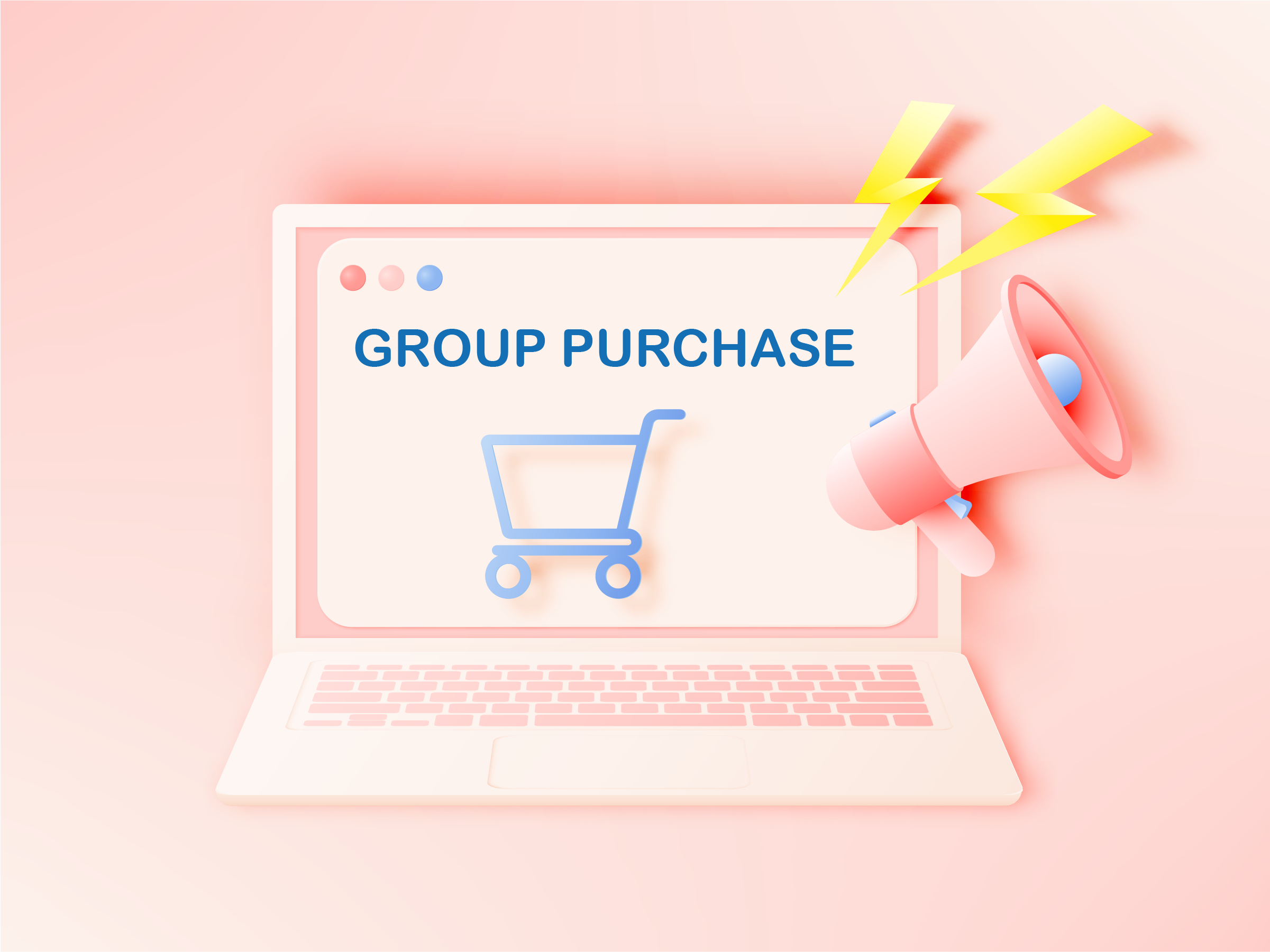 group purchase computers Illustration: Laptop showing a shopping cart and words group purchase. Bullhorn with lightning bolts.