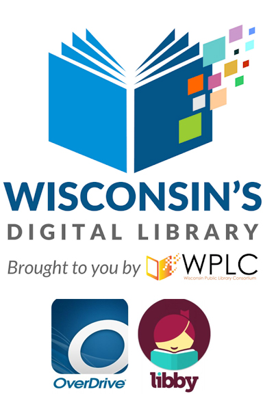 Logos: Wisconsin's Digital Library brought to you by WPLC (Wisconsin Public Library Consortium), OverDrive App, Libby App