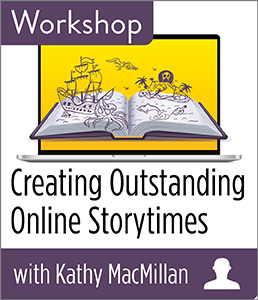 Open book with pirate illustration floating above it. announcing a "Creating Outstanding Online Storytimes" workshop with Kathy Macmillan