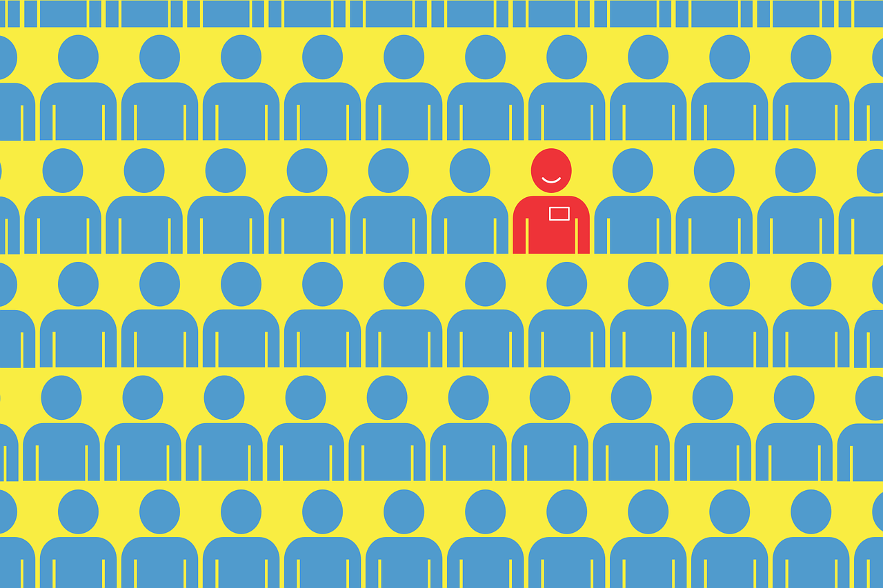 Rows of illustrated blue human figures on a yellow background. One figure is in red.