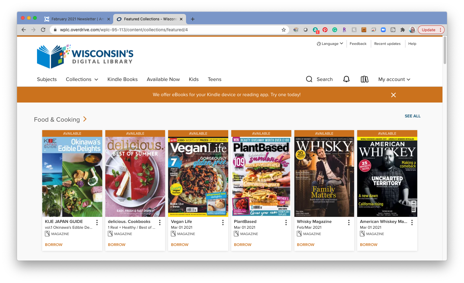 Screenshot of the WPLC OverDrive website, displaying a magazine carousel.