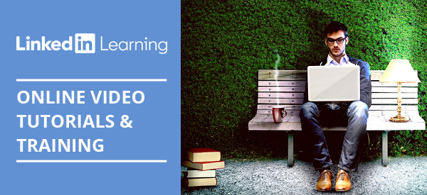 Man with a laptop, sitting on a park bench. LinkedIn Learning logo: Online video tutorials and training