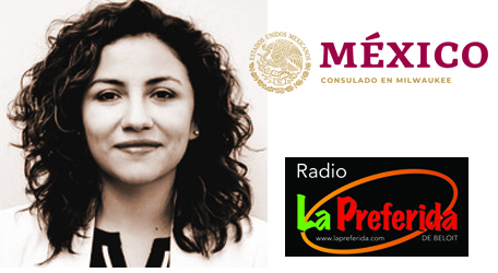 Image of Consulate counsel, Mexican Consulate logo, and La Preferida de Beloit radio station logo