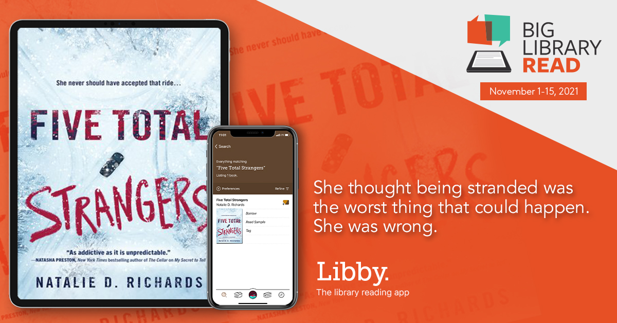 Banner: Big Library Read Logo, Five Total Strangers book cover, Available November 1-15, 2021 with no holds.