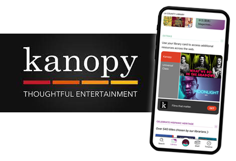 Kanopy Logo and screenshot of the Kanopy Discovery layer in the Libby app.