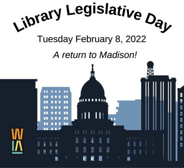 Library Legislative Day 2022 Graphic: silhouette of the capitol and the WLA logo
