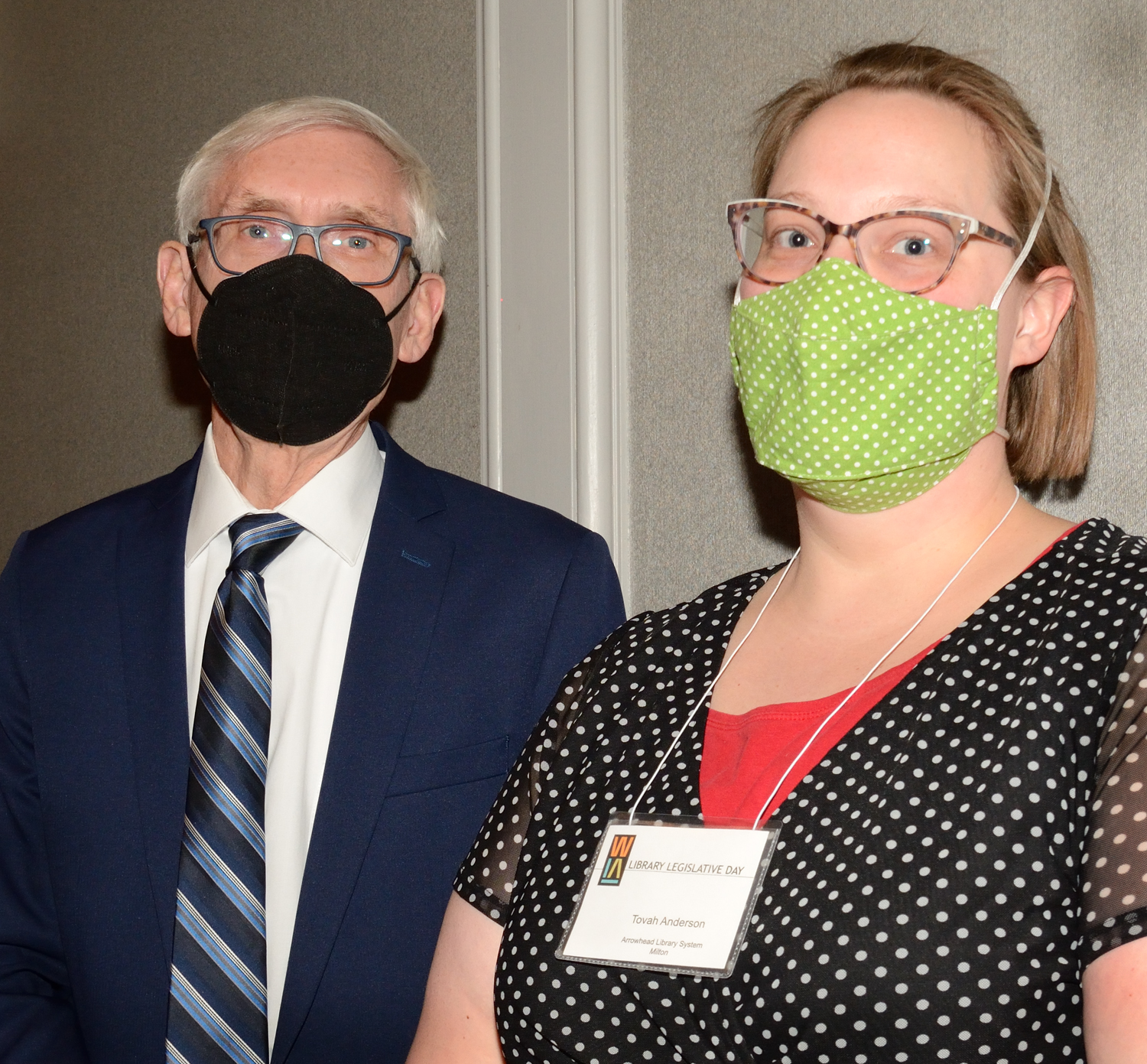 2022 WLA Library Legislative Day. Governor Tony Evers presents certificate to Arrowhead Library System Public Information Coordinator Tovah Anderson.