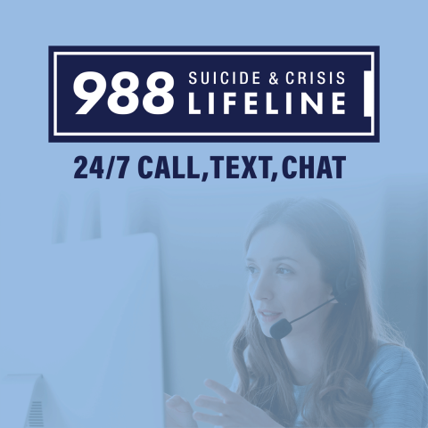 988-facebook-1 Social media graphic. Female telephone operator sitting at a computer. 988 suicide & crisis lifeline. 24/7 call, text, chat.