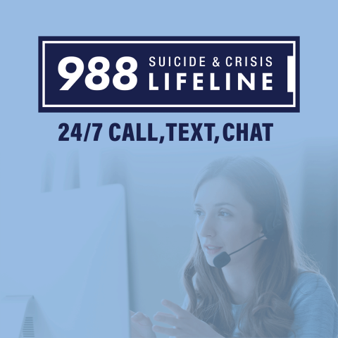 Social media graphic. Female telephone operator sitting at a computer. 988 suicide & crisis lifeline. 24/7 call, text, chat.