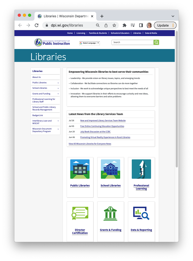 Screen shot of DPI's new Libraries Division homepage.